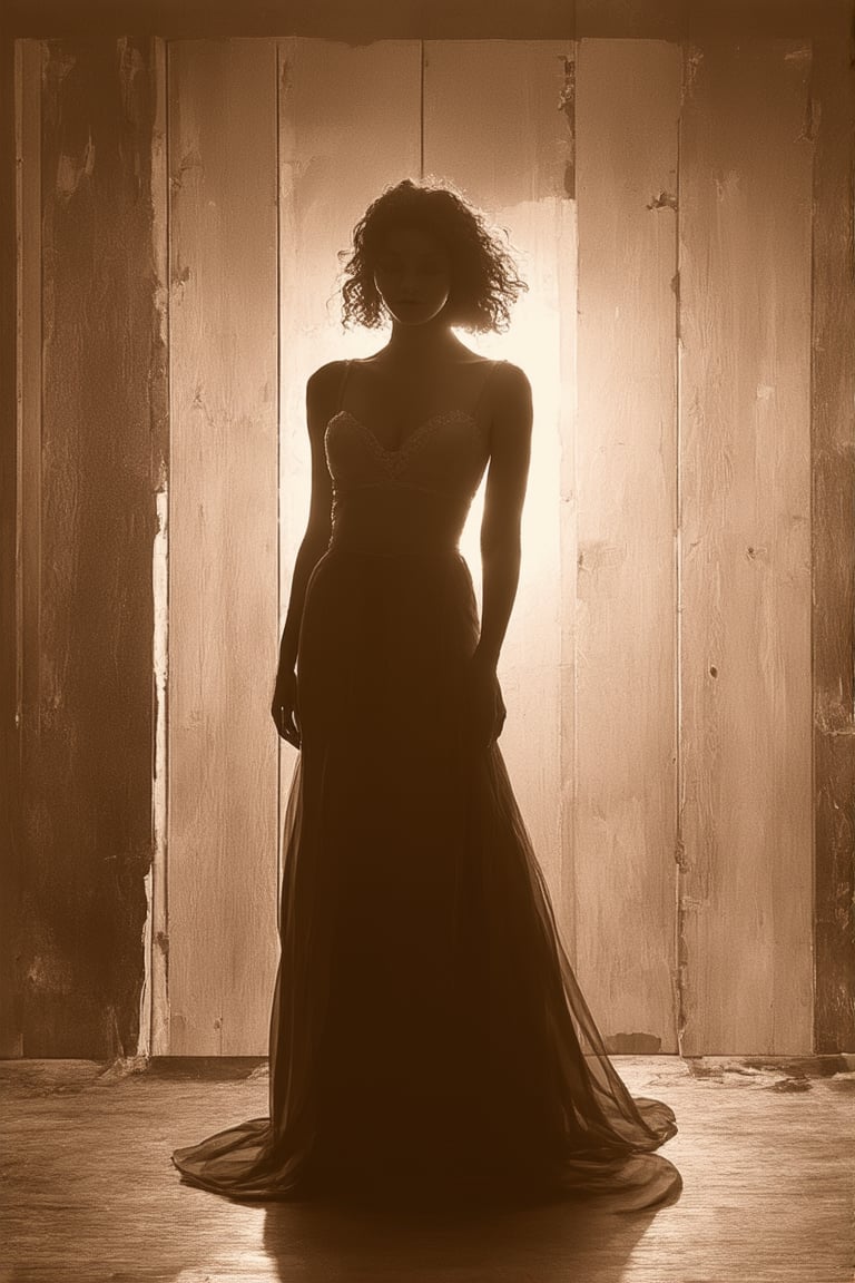 A warm sepia-toned photograph of a vintage-inspired scene, reminiscent of a bygone era. A beautiful woman in a flowing gown stands elegantly against a distressed wooden backdrop, her hair styled in loose waves. Soft focus and gentle lighting evoke a sense of nostalgia, as if plucked from a forgotten album. The overall mood is wistful and dreamy, inviting the viewer to step into a timeless world of romance and mystery.