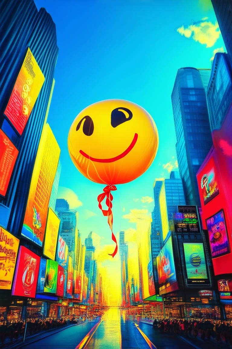 A close-up shot of a bright yellow smiley face balloon floating above a vibrant, colorful city street on a sunny day. The balloon's bright red ribbon trailing behind it, framing the bustling scene with vibrant buildings and billboards in the background. Soft, warm lighting casts a golden glow on the entire scene.