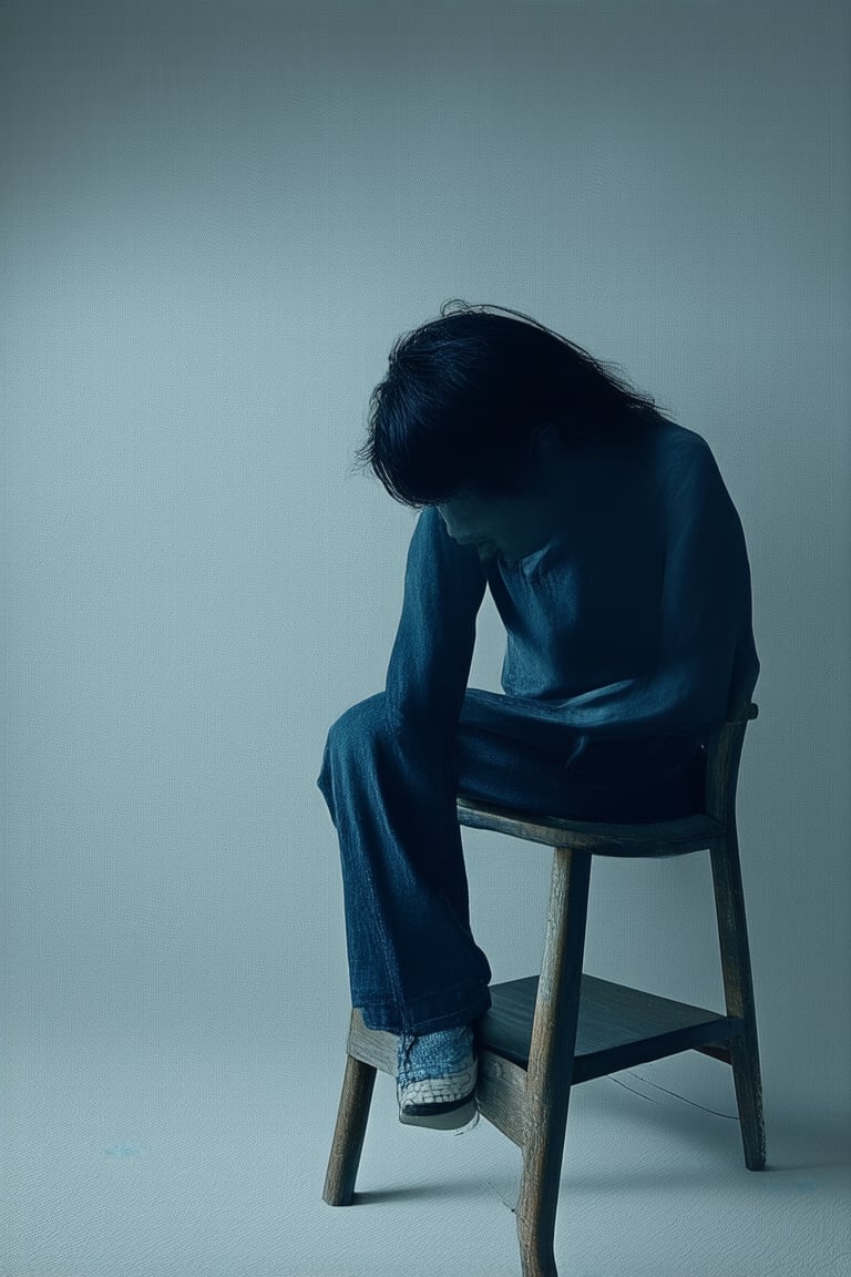 A somber, dark blue-toned portrait of a person, set against a plain gray background, with harsh overhead lighting casting deep shadows on their face. The subject's eyes are cast downward, conveying a sense of introspection and melancholy, as they sit in a worn, wooden chair. The atmosphere is heavy and oppressive.