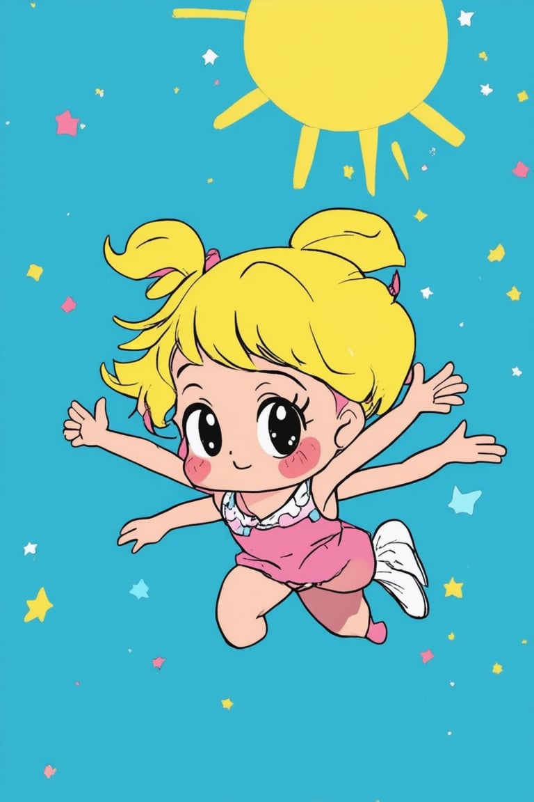 A whimsical illustration of a chibi character, Evey, surrounded by vibrant colors and playful textures. She's posed in a dynamic jump shot, with her arms and legs outstretched, as if defying gravity. A bright yellow sun shines down on her, casting a warm glow over the entire scene. The background is a soft, gradient blue, blending seamlessly into the edges of the page. Evey's facial expression is one of joyful determination, her eyes sparkling with mischief.