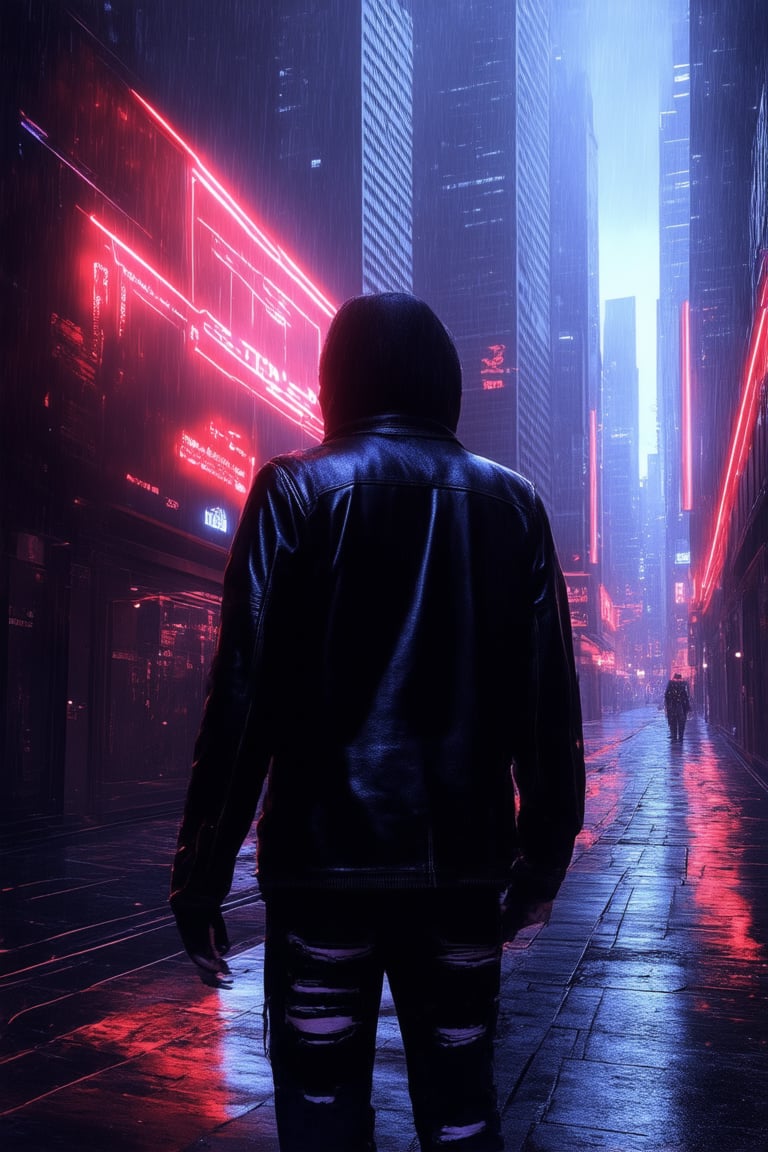 In a dimly lit, neon-lit alleyway, a lone figure in a worn leather jacket and ripped jeans stands out against a backdrop of towering skyscrapers. Flickering holographic advertisements dance across the walls as they gaze down at a cyberdeck, wires and circuits visible beneath their fingers. The city's perpetual rain creates a misty veil, casting an eerie glow on the scene.