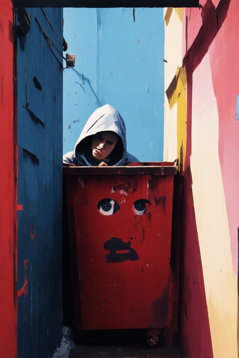 A dark alleyway, lit by a faint moon glow, is the setting for this enigmatic scene. A figure, shrouded in shadows, peers out from behind a dumpster, their face obscured by a hood. The mysterious individual's eyes gleam with intrigue as they survey the desolate street. Banksy's signature stencil work adorns the walls, adding to the air of secrecy and anonymity.