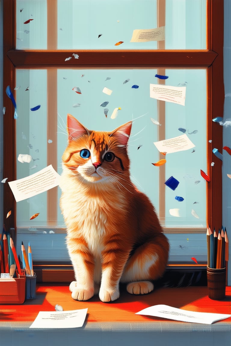 A whimsical illustration of a cat sitting on a windowsill, surrounded by fluttering papers and pencils. Soft, warm lighting spills through the open window, casting a gentle glow on the cat's fur as it gazes out at a sunny day. The composition is simple yet playful, with the cat's ears and whiskers taking center stage.