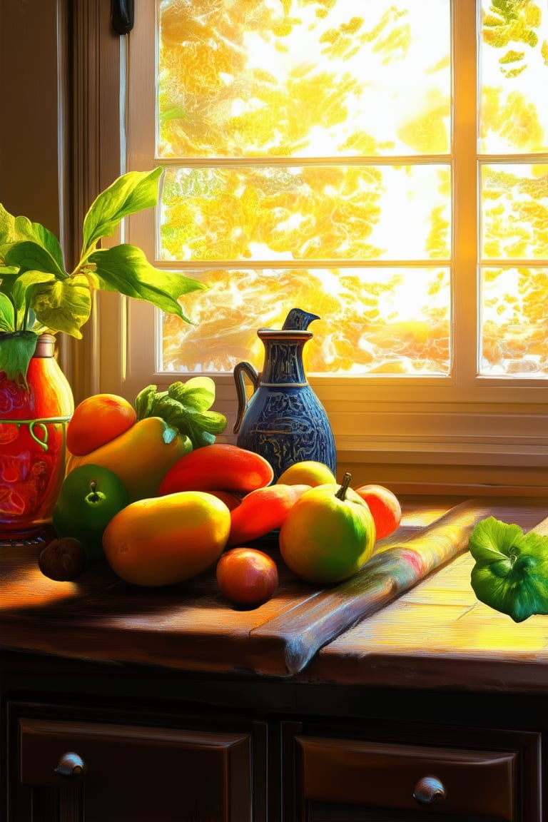 A whimsical still life setup in a sun-drenched kitchen, featuring a vibrant, colorful arrangement of juicy fruits and vegetables on a rustic wooden table. The warm golden light of the setting sun casts a cozy glow, highlighting the bold hues of the produce. A few scattered leaves and a vintage ceramic jug add to the playful, carefree atmosphere.