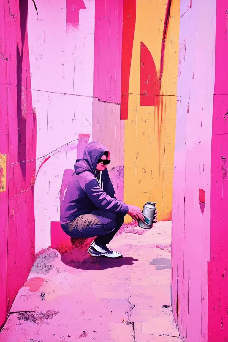 A dimly lit alleyway, the only sound being the faint hum of city nightlife, as a figure in a hoodie and sunglasses crouches, mysterious spray can in hand. The street art masterpiece unfolds before us, a blend of irony and social commentary, Banksy's signature style emerging from the shadows.