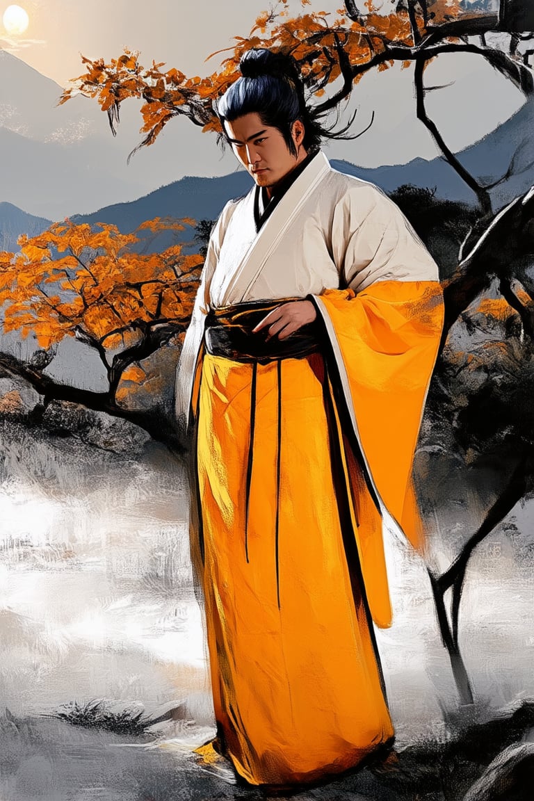 A vibrant yellow Hakama, worn by a dignified samurai, stands out against a soft, misty backdrop of Japanese mountains. The garment's intricate design and texture are highlighted by warm sunlight filtering through the trees. The samurai's determined expression and steady gaze convey a sense of strength and honor.