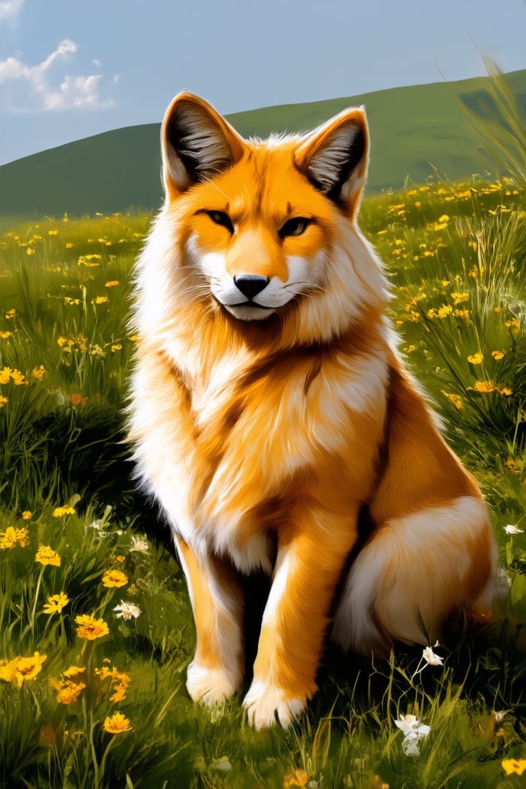 A serene yellow Hakame, sitting majestically on a lush green hillside, surrounded by vibrant wildflowers. Soft sunlight casts a warm glow on its fur, with gentle shadows accentuating the texture of its coat. The framing captures the majestic creature's regal pose, as it gazes out at the rolling hills and sky.