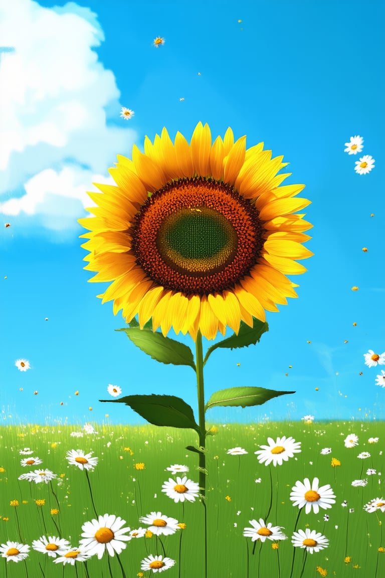 A whimsical illustration depicts a single, smiling sunflower standing tall on a bright green meadow, surrounded by scattered daisies and a few wispy clouds drifting lazily across the cerulean sky. The warm sunlight casts a gentle glow on the delicate petals, accentuating their intricate texture.