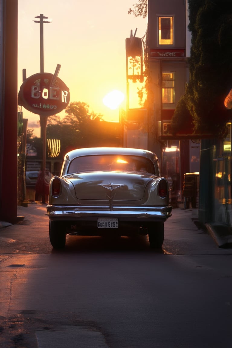 A nostalgic scene unfolds: a vintage-style photograph of a bygone era. Soft focus captures the warm glow of golden hour on a tranquil street. A classic car, its chrome gleaming, sits parked beside a quaint diner, where a couple shares a sweet moment over milkshakes and pie. The atmosphere is cozy, inviting, and full of charm.