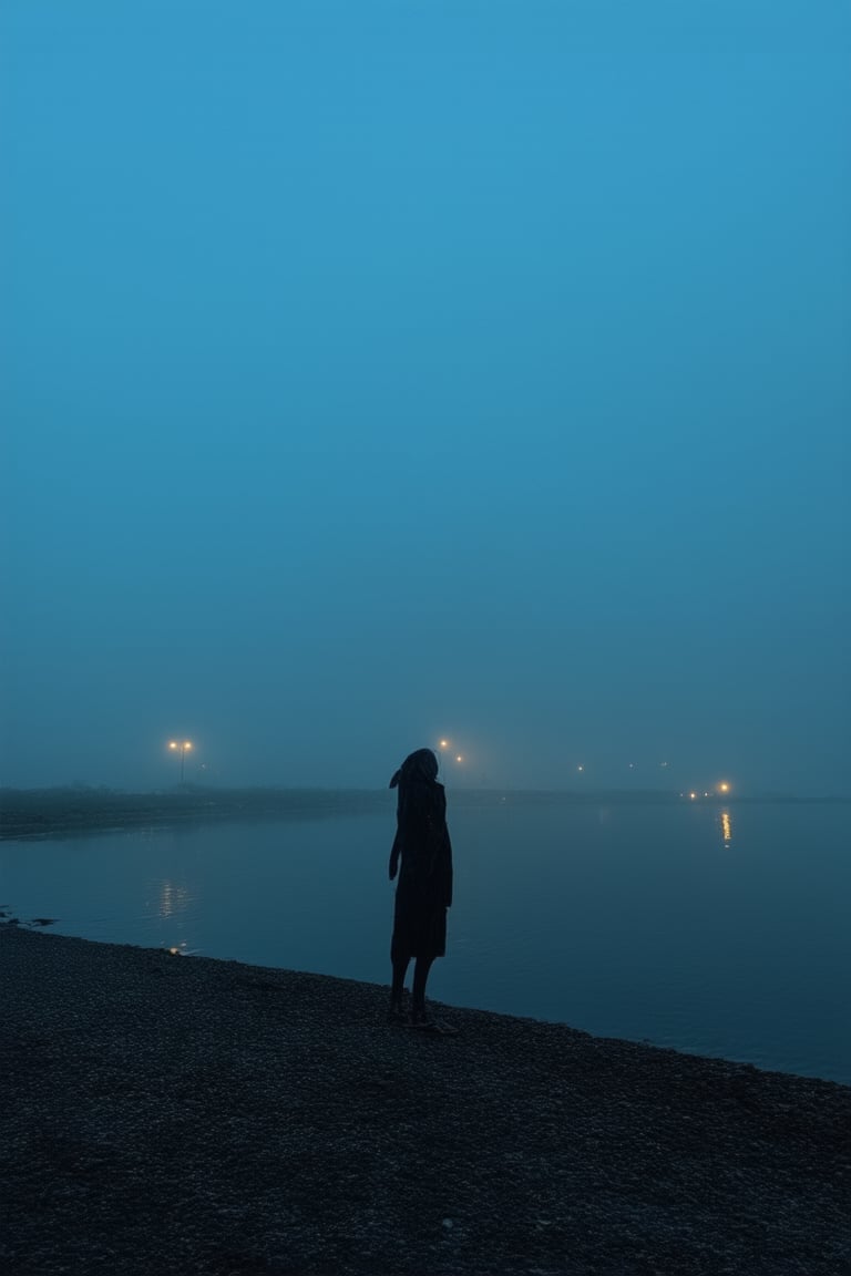 Capture a hauntingly beautiful scene: a lone figure stands at the edge of a murky lake, shrouded in darkness, with only the faint glow of distant streetlights illuminating their solemn face. The dark blue realism setting is reminiscent of a forgotten midnight, with misty fog rolling across the water's surface. Focus on the subject's introspective gaze, as they seem lost in thought amidst the desolate atmosphere.