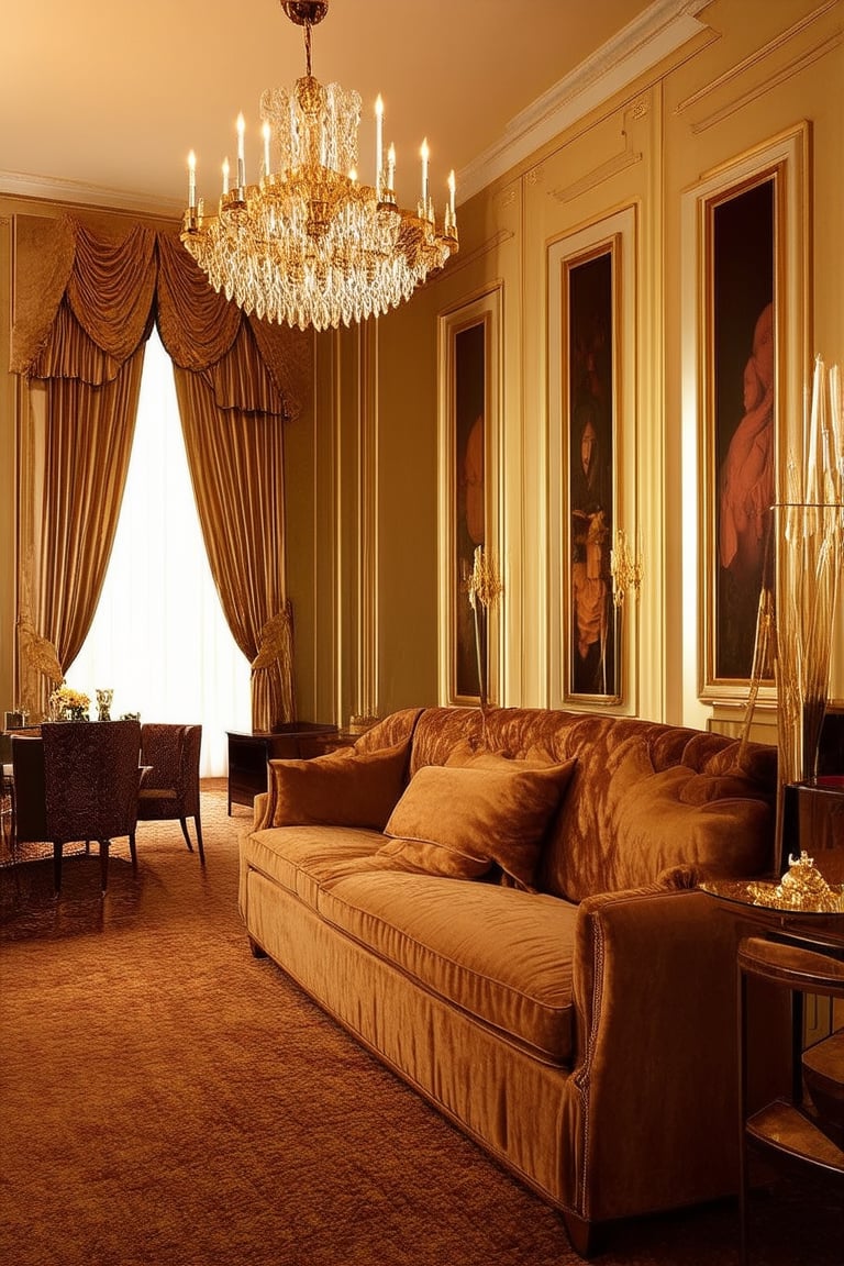 A sumptuous hotel suite's opulent interior is bathed in warm golden light, rich textures of velvet and marble adorning the lavish furnishings. Plush carpets and high ceilings create a sense of grandeur as a regal figure reclines on a plush sofa, surrounded by exquisite crystal and fine artwork.