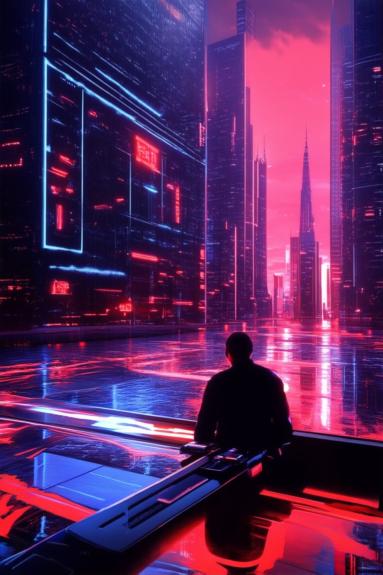 A neon-drenched cityscape at dusk, with towering skyscrapers reflecting the vibrant hues of the setting sun. In the foreground, a lone hacker sits in front of a futuristic console, surrounded by swirling code and holographic screens. The air is thick with the hum of machinery and the distant glow of streetlights.