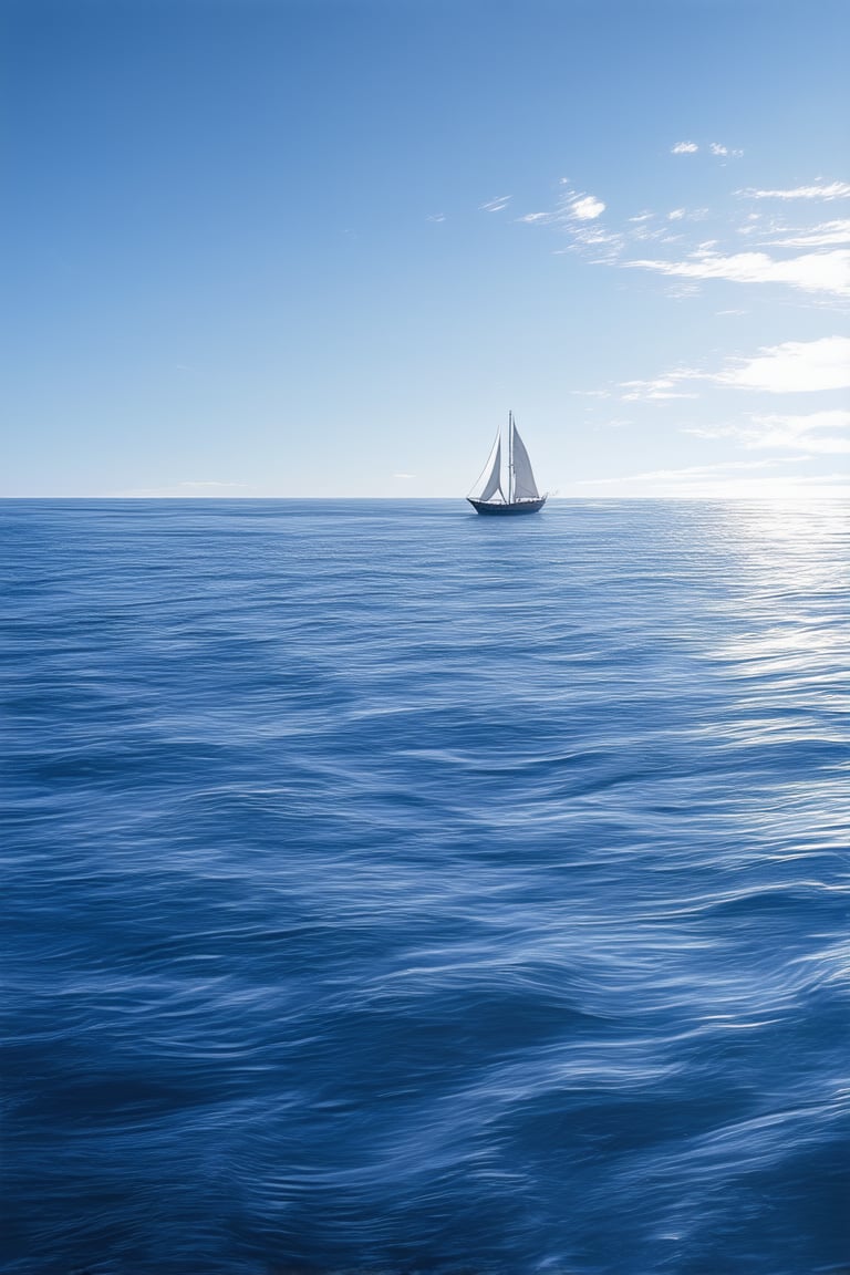 A majestic blue ocean sprawls across the frame, with a subtle wave pattern creating a sense of movement. The sunlight casts a warm glow on the water's surface, illuminating the gentle ripples and adding depth to the scene. A lone sailboat glides effortlessly across the horizon, its white sails billowing in the breeze as it disappears into the blue distance.