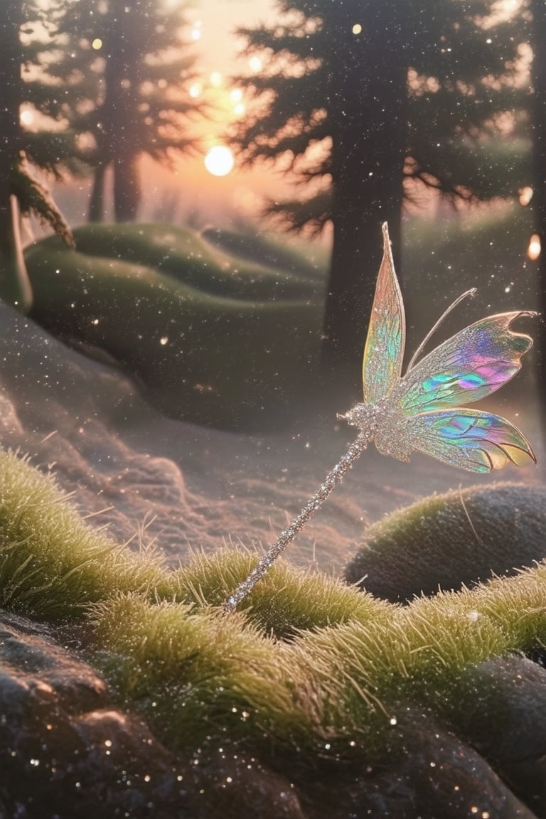 A whimsical depiction of a mystical forest at dawn's early light. A delicate, sparkly wand lies gently on a bed of moss-covered stones, surrounded by a halo of soft, golden mist. A fairy perches upon the wand, her ethereal wings glowing with an iridescent sheen as she whispers ancient incantations to awaken the morning's magic.