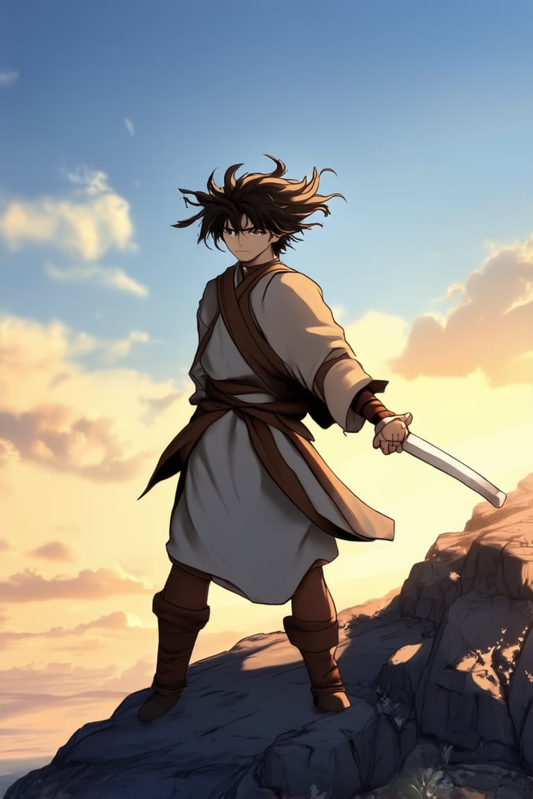 A youthful warrior stands triumphantly on a rocky cliffside at sunset, wind-swept hair and determined expression capturing the essence of anime heroism. The warm orange glow casts long shadows across the rough terrain as the figure gazes out into the distance, one hand grasping an iconic katana while the other holds a mystical scroll.