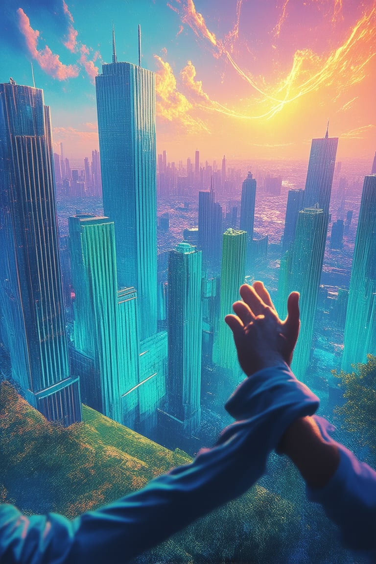 A futuristic cityscape at dusk, with buildings and skyscrapers morphing into vibrant gradients, blending seamlessly from blue to green, green to yellow, and yellow to orange. The sky is a kaleidoscope of colors, swirling in a mesmerizing dance. In the foreground, a lone figure stands atop a hill, gazing out at the gradient cityscape, arms stretched upwards in wonder.