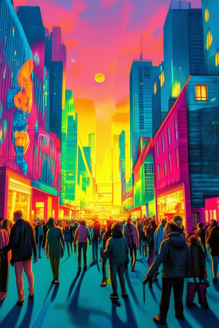 A bright and cheerful cityscape at sunset, with vibrant colorful buildings and street art adorning the walls. The warm orange-yellow light casts a lively glow on the bustling streets, where people of all ages gather to enjoy the festive atmosphere. Vibrant pinks, blues, and yellows dominate the scene, as if the colors themselves are having a party.