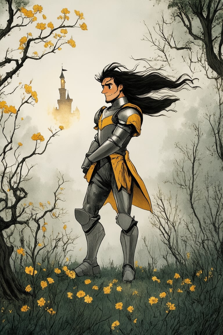 Whimsical animated fantasy world, reminiscent of Don Bluth's classic style. A majestic castle with turrets and moat, bathed in warm golden light, rises from a misty forest. A brave knight, dressed in shining armor, stands proudly atop the battlements, wind blowing through his flowing hair. The surrounding landscape is dotted with towering trees, their branches tangled with vines and flowers.