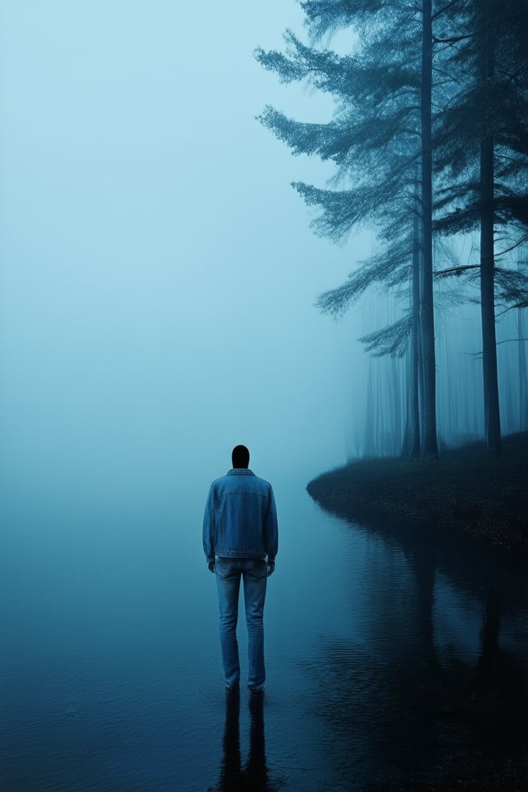 A dark blue realism photograph of a solitary figure standing at the edge of a misty lake, surrounded by towering trees and the faint glow of twilight. The subject's face is obscured by shadows, while their worn jeans and faded denim jacket blend with the murky water and somber atmosphere.