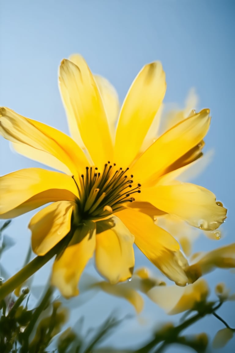 A vibrant yellow Hakame, its petals unfolding like a miniature sun, radiating warmth and joy. Framed against a soft focus blue sky, the flower's delicate stamens glisten in the gentle morning light, as if kissed by dew. The composition is simple yet elegant, with the Hakame centered, surrounded by subtle negative space, allowing its beauty to shine.