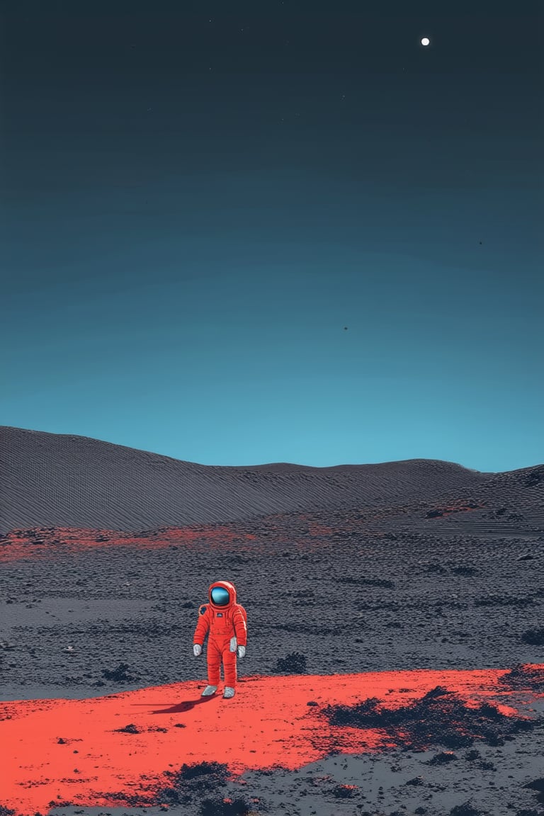 A whimsical illustration of a lone astronaut standing on a barren, moon-like landscape, with a small spaceship in the background and a crescent moon hanging low in the dark blue sky. The astronaut's spacesuit glows softly in the faint sunlight.