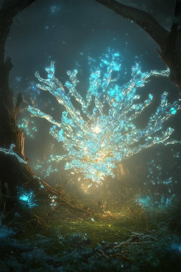 Amidst a mystical forest, a cluster of glowing crystals suspended from ancient tree branches like ethereal lanterns, casting an otherworldly light on the misty undergrowth. The air is alive with an iridescent glow as the crystals pulsate with an soft blue luminescence.