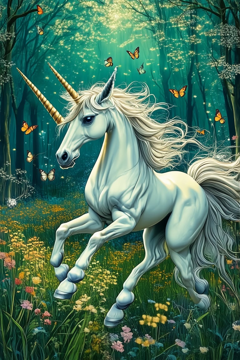 A whimsical realm of fantasy creatures unfolds before us. In a lush, emerald forest, a unicorn's majestic horn shines like polished moonstone as it prances effortlessly amidst a tapestry of wildflowers and fluttering butterflies. Soft, golden light filters through the canopy above, casting dappled shadows on the forest floor.