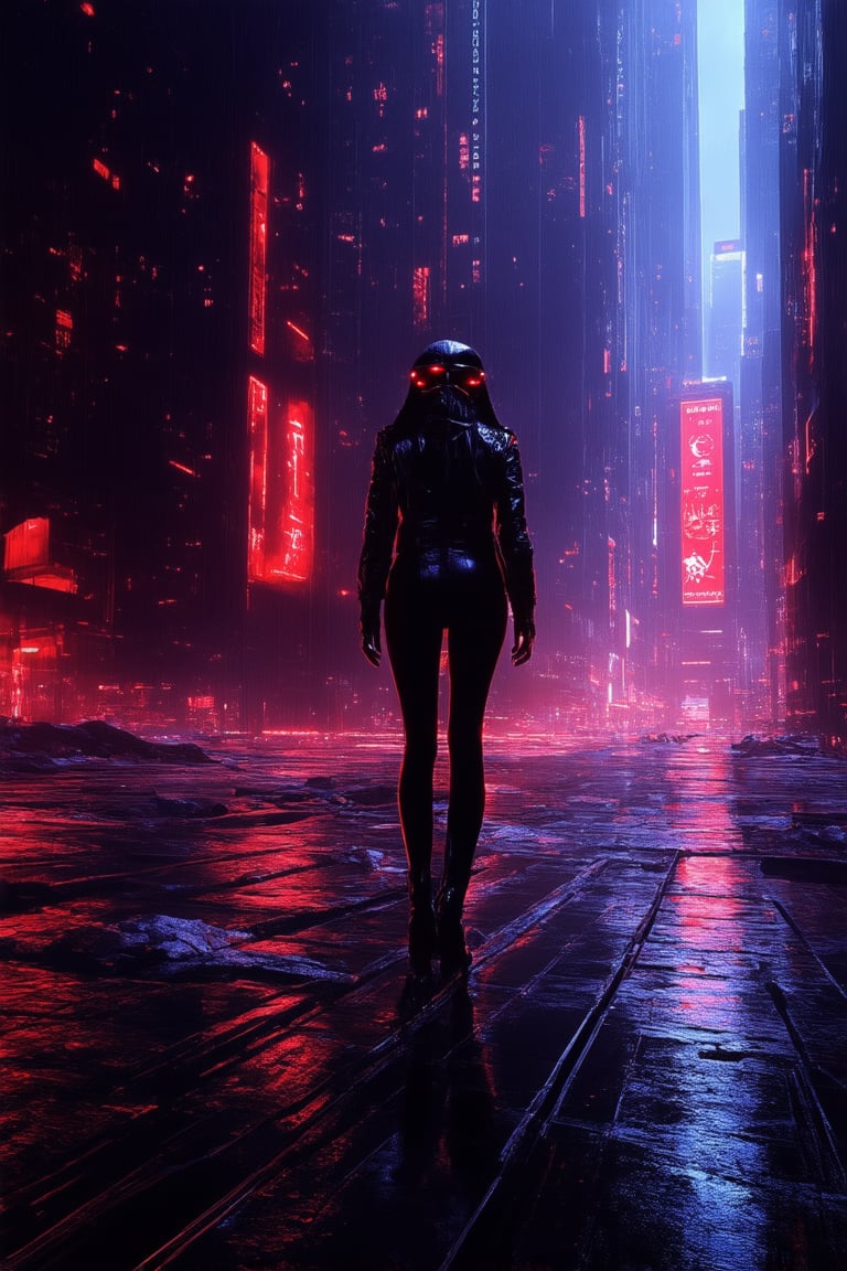 A futuristic metropolis sprawls across the horizon, neon lights reflecting off wet pavement as a lone hacker, dressed in worn leather and mirrored shades, stands poised at the edge of a rundown rooftop. Cityscape chaos unfolds behind her, with towering skyscrapers and holographic advertisements piercing the dark sky. A faint glow emanates from her cybernetic arm, casting an eerie light on the desolate landscape.