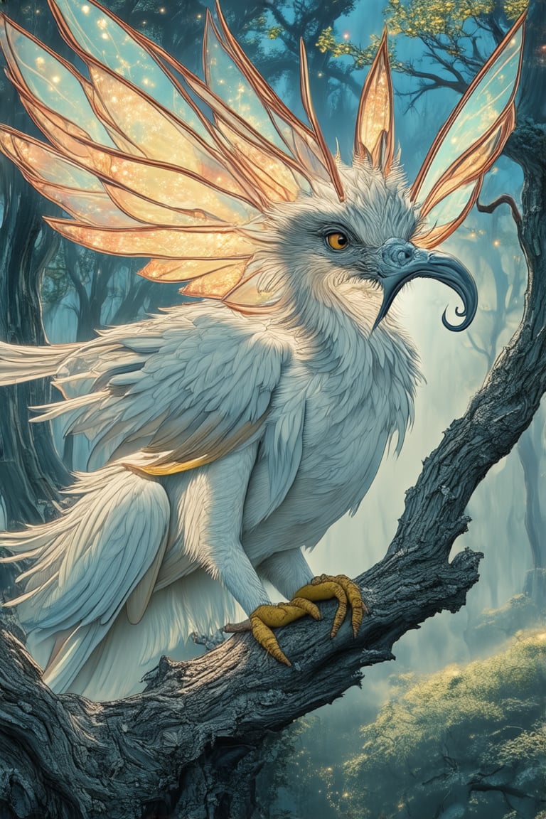 A mystical realm of ancient trees and shimmering mist, where mythical beings roam free. A regal Griffin perches upon a gnarled branch, its piercing gaze surveying the landscape as a school of iridescent Fae flutter about its head. Soft focus sunlight casts an ethereal glow, highlighting the delicate scales on the Griffin's neck.