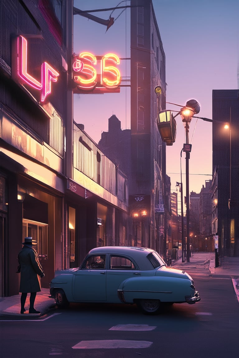 A nostalgic snapshot of a vintage-inspired scene: a warm-lit street corner at dusk, with a 1950s-style sedan parked curbside. The soft glow of neon signs and street lamps casts a gentle hue on the classic American architecture, while a lone figure in a fedora and trench coat stands out against the nostalgia-tinged backdrop.