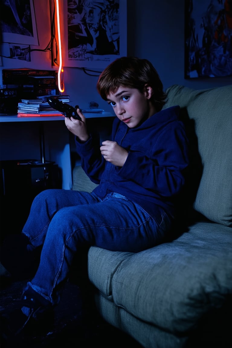 A close-up shot of a nostalgic 90s kid sitting on a worn-out couch in a dimly lit living room. The walls are adorned with old posters and neon-lit gadgets. The subject's eyes gaze longingly at a stack of VHS tapes and CDs, while their fingers nervously fidget with a Game Boy controller. Soft, warm lighting casts a cozy glow, transporting the viewer back to a decade of grunge music, high-waisted jeans, and radical attitudes.