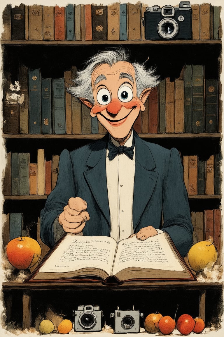 A whimsical illustration of Don Bluth, creator of beloved animated films like 'The Secret of NIMH' and 'Dragon's Lair', standing in a dimly lit, nostalgic-inspired study filled with vintage movie cameras, animation cells, and dusty tomes. He wears a warm smile, surrounded by the fruits of his imagination, as a faint glow emanates from the pages of an open book.