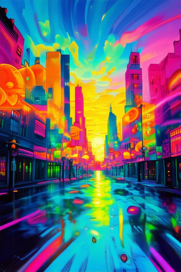 A burst of vibrant colorful energy radiates from a whimsical cityscape at sunset, where buildings and streets are bathed in a kaleidoscope of warm hues - oranges, yellows, pinks, and purples - as the sky transforms into a canvas of swirling colors, with neon lights and street art adding an extra layer of vibrancy.