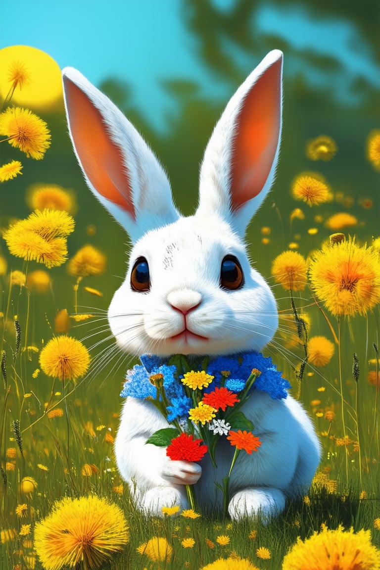 A whimsical illustration of a curious rabbit holding a simple yet vibrant bouquet of wildflowers amidst a soft, sunny meadow, with dandelions and tall grasses swaying gently in the breeze. The rabbit's bright brown eyes shine with delight as it admires its colorful handiwork.