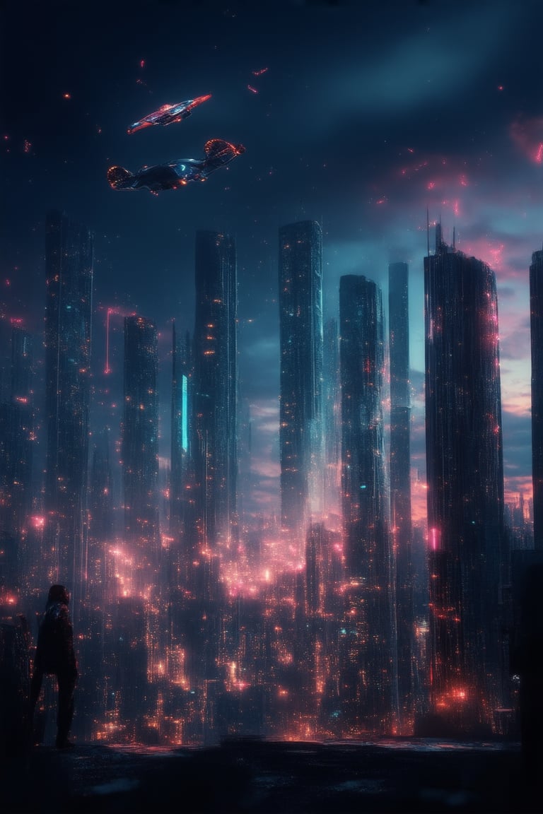 A futuristic cityscape at dusk, with sleek skyscrapers and neon lights illuminating the darkening sky. A flying car soars overhead, leaving a trail of sparks as it zooms towards the horizon. Amidst the urban landscape, a lone figure stands atop a pedestal-like structure, gazing out into the distance with a determined expression, dressed in a metallic jumpsuit and surrounded by hovering drones.