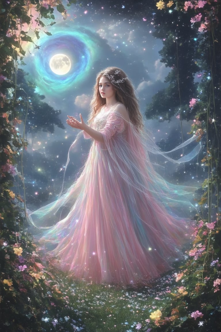 A whimsical fantasy realm unfolds before us as a young sorceress stands amidst a swirl of colorful mist and twinkling stars. She gazes up at a full moon, her eyes aglow with wonder, as wispy strands of magic curl around her fingers like ethereal ribbons. The lush greenery of an enchanted forest surrounds her, with vines and flowers blooming in vibrant hues.