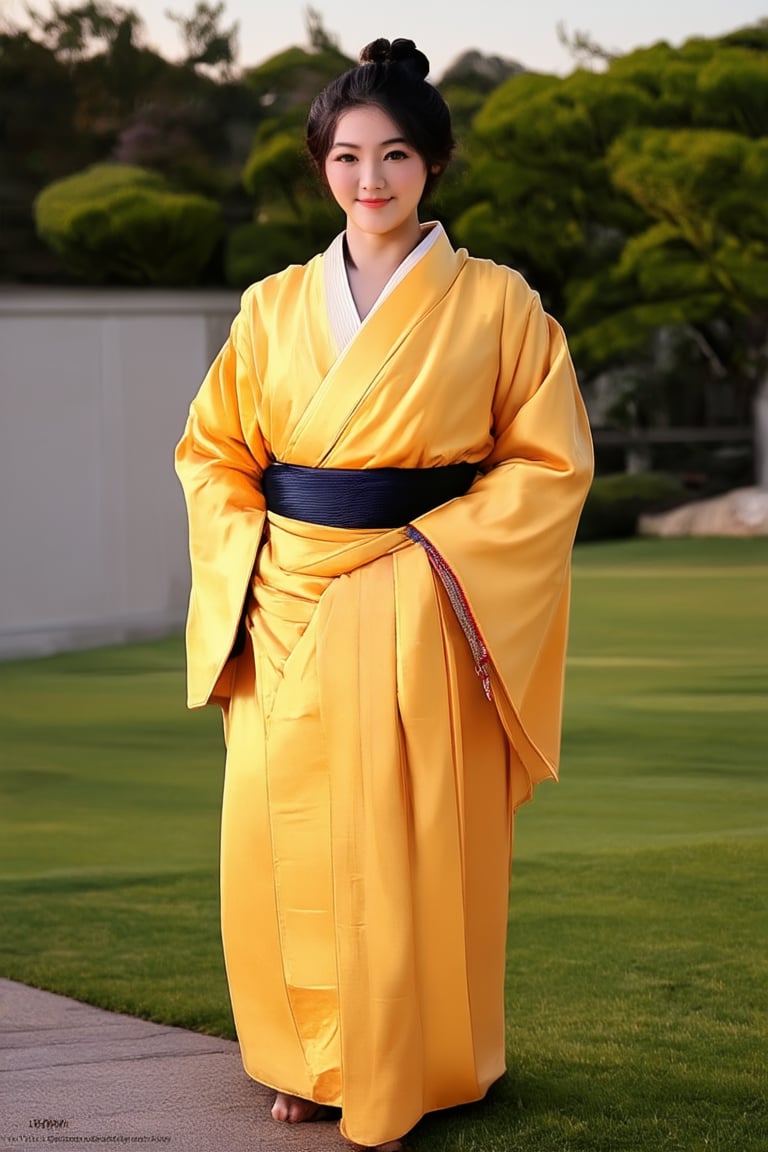 A serene yellow Hakama robe wraps around a dignified figure, standing confidently in a tranquil Japanese garden setting at dawn. Soft morning light casts a warm glow on the subject's gentle smile and intricate kimono patterns. The composition features a shallow depth of field, emphasizing the garment's vibrant hue.