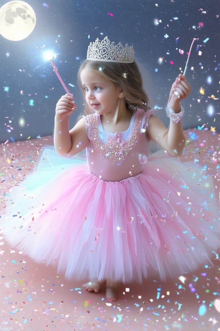 A whimsical wonderland unfolds as a young girl, dressed in a flowing tutu and a sparkling tiara, poses amidst a swirl of colorful confetti. The soft focus background features twinkling stars and a full moon, while the subject's eyes shine with an inner light. A delicate, glowing wand rests in her hand, radiating a gentle, magical glow.