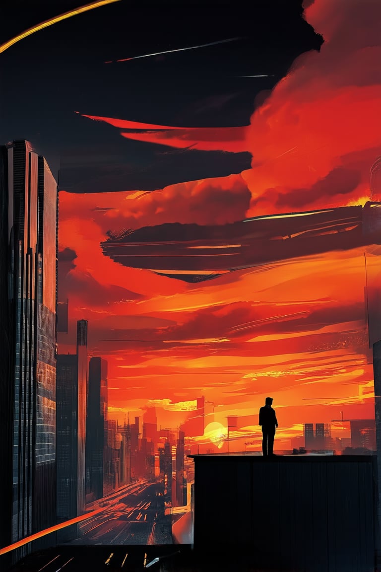 A vibrant orange-red hue dominates a cityscape at sunset, with skyscrapers and streets bathed in an intense, fiery glow. The sky above is ablaze with swirling clouds of deep crimson and burnt orange, as if the very heavens are aflame. A lone figure stands atop a building, silhouetted against the blazing backdrop.