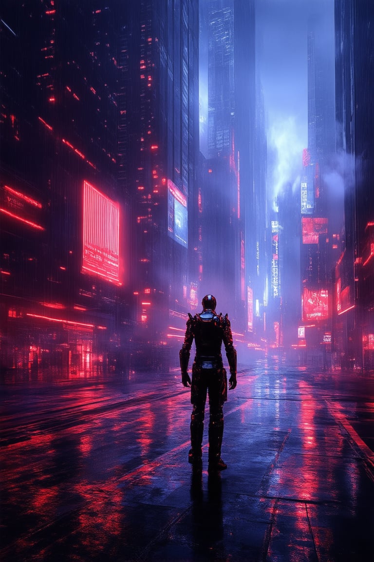 A futuristic cityscape at dusk, neon lights reflecting off wet pavement, towering skyscrapers and holographic advertisements casting a gaudy glow. In the midst of this cyberpunk chaos, a lone figure stands - a hacker dressed in black leather and metallic armor, eyes fixed on a glowing interface as they crack the corporate mainframe. Smoke and steam billow through the air, fogging the city's gritty landscape.