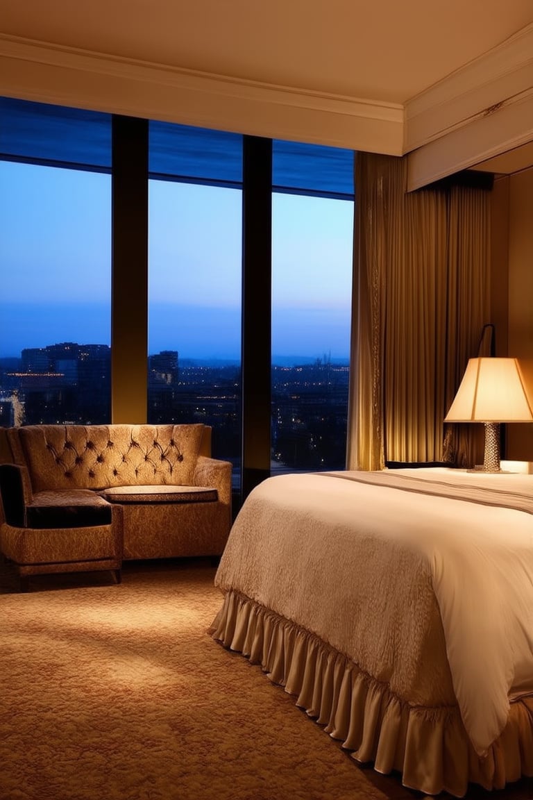 A lavish interior shot of a high-end boutique hotel suite at dusk, with opulent furnishings and plush carpets. Soft golden lighting spills through floor-to-ceiling windows, illuminating the serene atmosphere. The luxurious bedding is artfully ruffled, and a gleaming silver vase sits atop a marble nightstand, exuding sophistication.