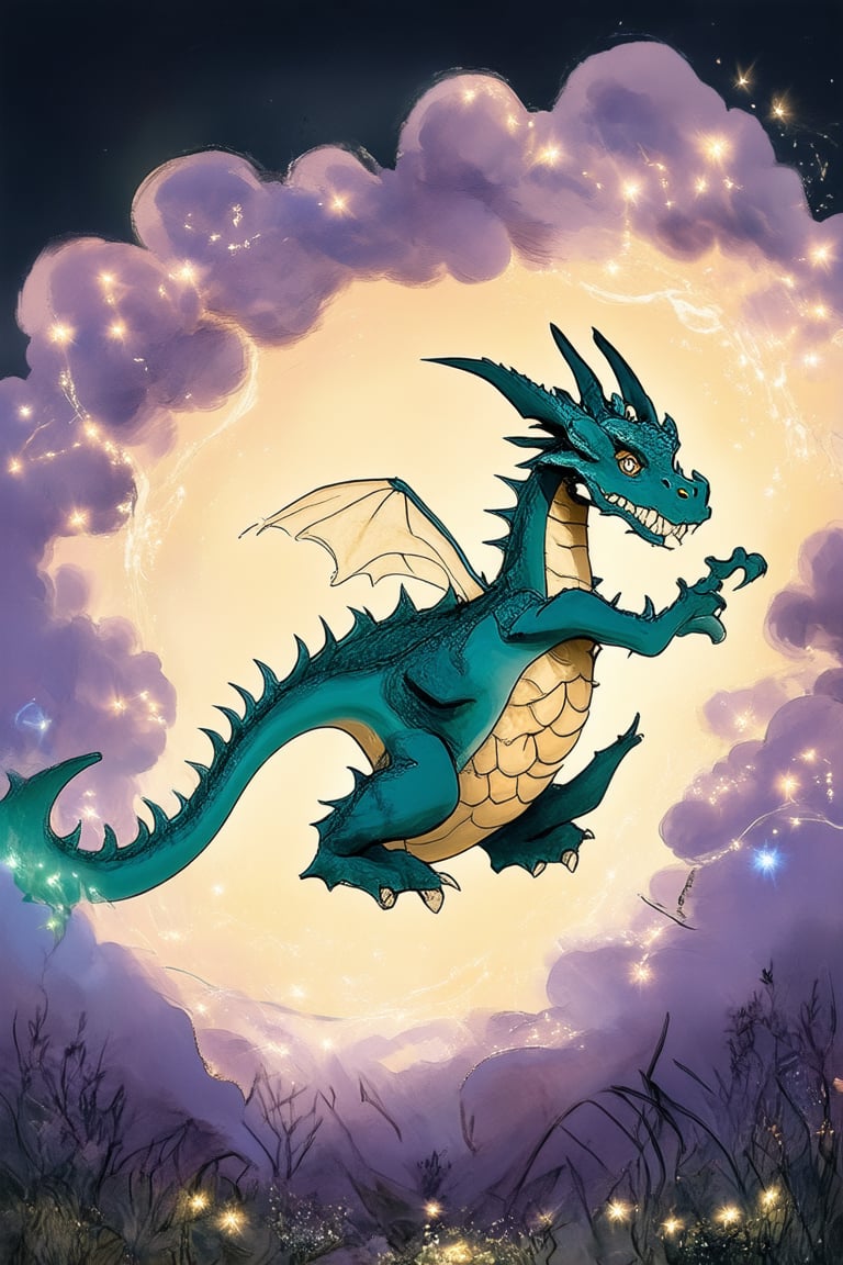 A whimsical fantasy landscape unfolds as a mystical dragon soars through a swirling vortex of purple and blue clouds, set against a warm golden sunset, with wispy cirrus clouds streaking across the sky. The dragon's scales glimmer in shades of turquoise and emerald green, its wings outstretched in a majestic pose, surrounded by delicate, shimmering fairy lights.