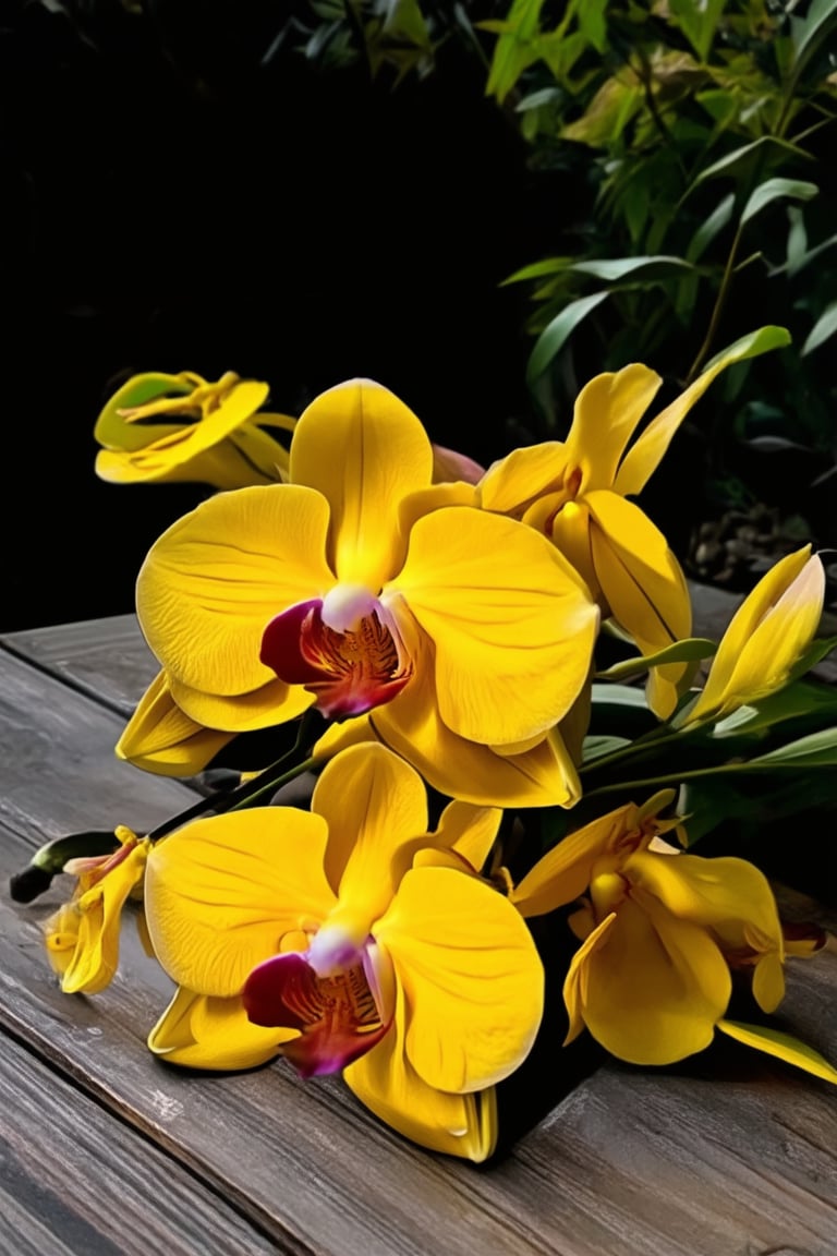 A vibrant yellow Hakame, a rare and striking species of orchid, sits atop a worn wooden table in a dimly lit, rustic Japanese garden. The soft glow of lanterns casts a warm amber light on the delicate petals, while the surrounding foliage provides a lush green backdrop.