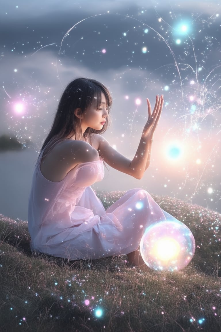 A whimsical portrait of a young woman surrounded by a swirling aura of twinkling lights and wispy clouds, as if she's conjuring her own wonder magic. Soft focus, ethereal lighting, and a dreamy quality to the atmosphere. She's seated on a misty hillside, knees bent, with one hand cupped around an glowing orb, and her other hand extended, palm up, as if beckoning the viewer into her enchanted realm.