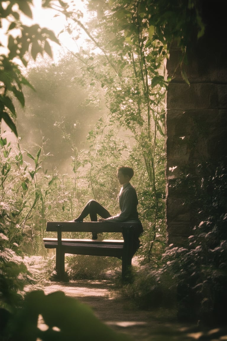 A nostalgic snapshot captures a serene moment in a vintage-inspired setting. A soft-focus figure, reminiscent of old photographs, sits on a weathered wooden bench amidst lush greenery and worn stone walls, surrounded by the gentle glow of warm sunlight and subtle mist.