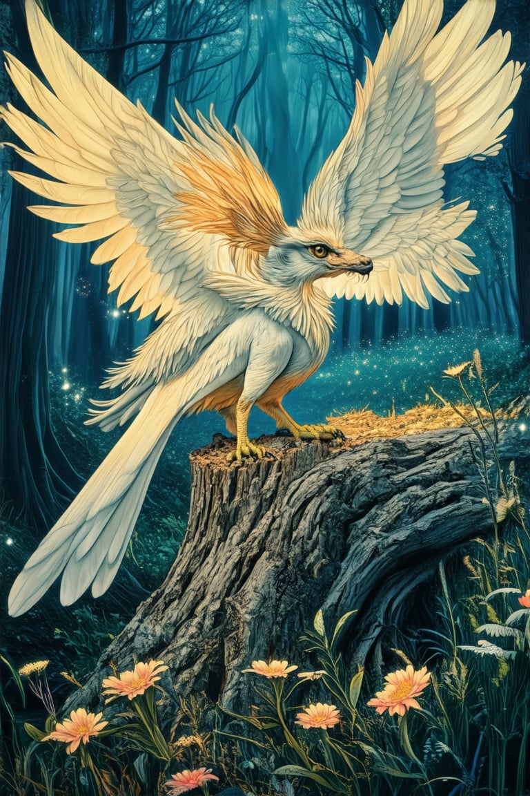 In a mystical forest, a majestic Griffin perches atop a ancient tree stump, its piercing gaze scanning the surrounding foliage as it spreads its regal wings, sunlight casting a warm glow on its shimmering feathers and scales. In the foreground, a delicate sprite tends to a bed of sparkling flowers, their ethereal forms dancing in harmony.