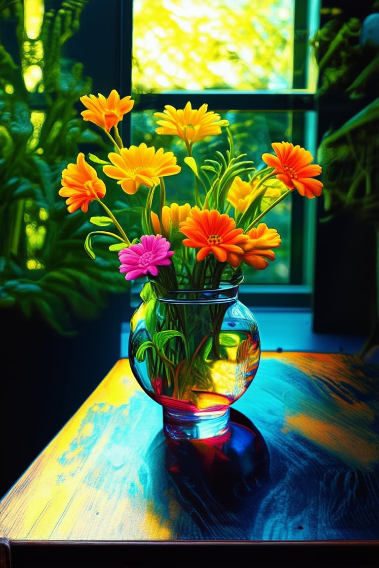 A bold and bright still life arrangement sits atop a worn wooden table, surrounded by lush greenery. Vibrant colorful flowers in shades of orange, yellow, and pink burst forth from the vase, their petals unfolding like tiny works of art. The warm sunlight streaming through the open window casts a golden glow on the scene, accentuating the kaleidoscope of colors.