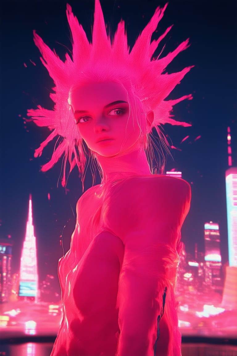 A fierce pink explosion dominates the frame as a strong, statuesque woman stands confidently in front of a neon-lit cityscape at dusk. Her fiery locks ablaze with pink dye job, she gazes directly into the camera lens with an unapologetic intensity, her sharp jawline and piercing gaze radiating a sense of untamed power.