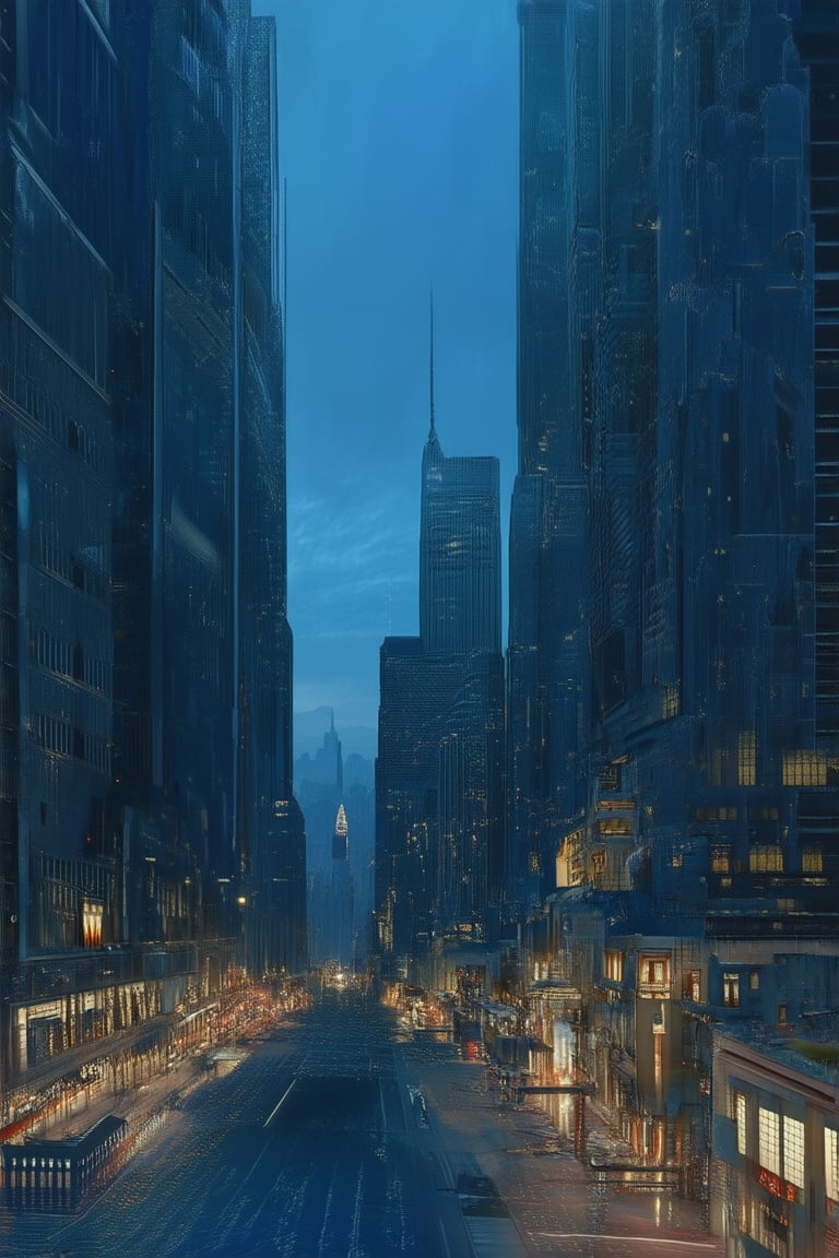 A somber, dark blue-hued realism captures a cityscape at dusk, with towering skyscrapers and bustling streets bathed in an eerie twilight glow. Shadows cast long and ominous, while the faint hum of urban activity provides a subtle background ambiance.