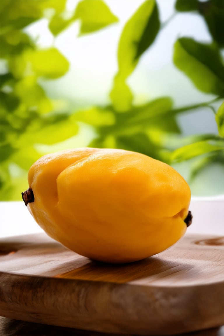 A warm sunlight illuminates a vibrant yellow Hakame fruit, placed on a rustic wooden cutting board against a soft focus blurred background of lush green leaves. The fruit's bright color and gentle curve create a visually appealing still life composition.